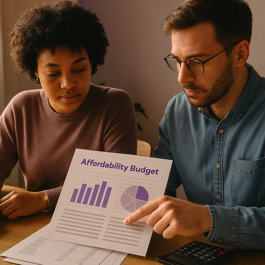 two people reviewing loan paperwork with a calculator on the table
