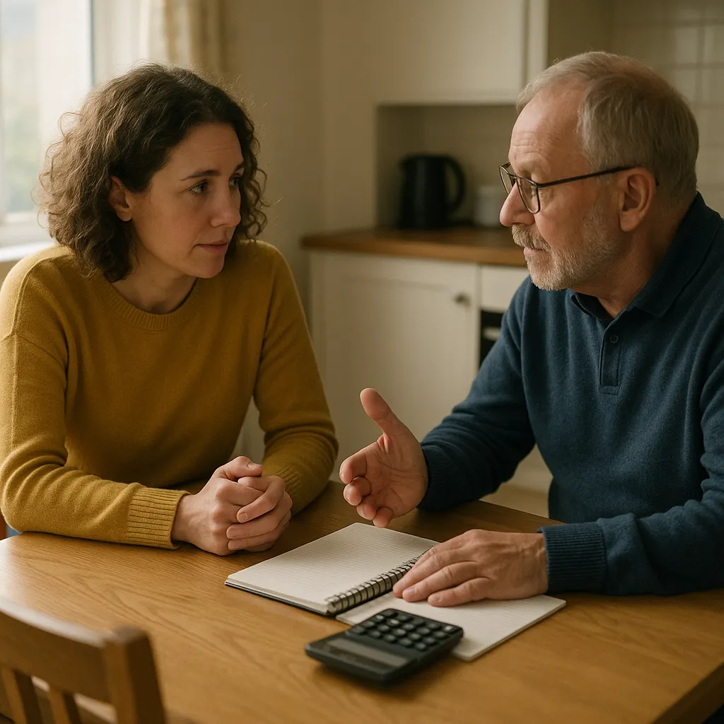 two people talking at a table with notebook and calculator